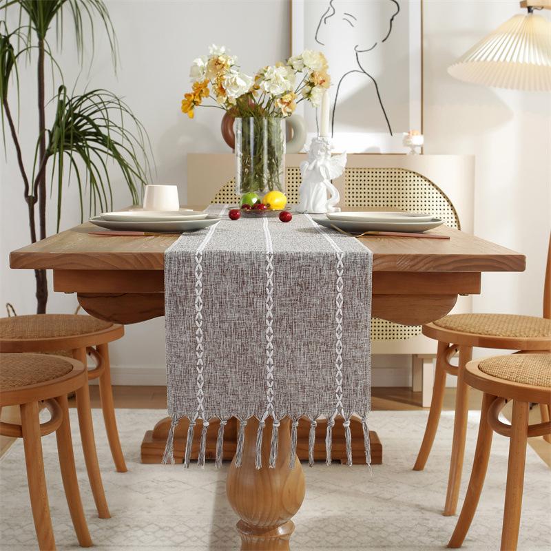 Hand Woven Solid Color Lace Table Runner with Fringe for Farmhouse Christmas Dining Table Decor