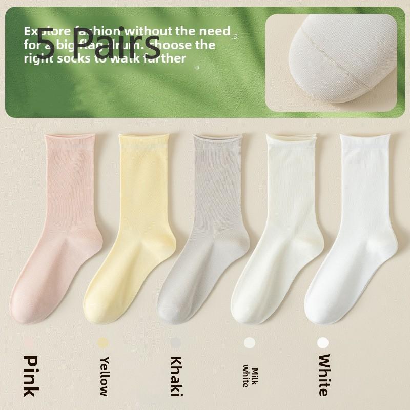 5 Pairs of Women's Spring and Summer Solid Color Breathable Sweat Absorption Deodorant Boneless Socks