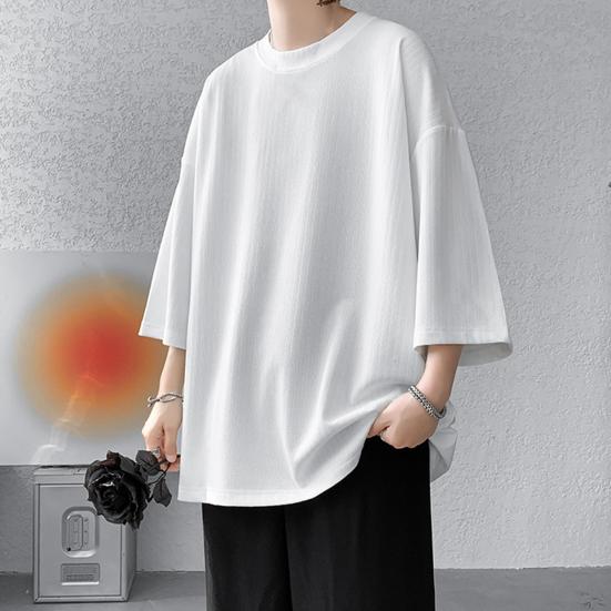 Men's Round Neck T-shirt Three-Quarter Length Sleeves Solid Color T-shirt Casual Style Loose Fit Tee Shirt for Street Travel Vacation