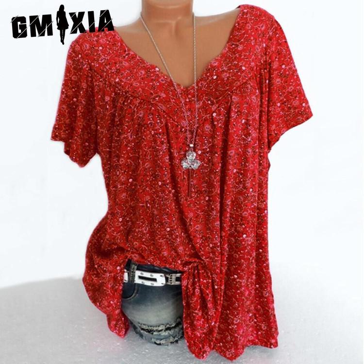 GMXIA Women's Summer Spring V-neck Loose Short Sleeve Printed T-shirt