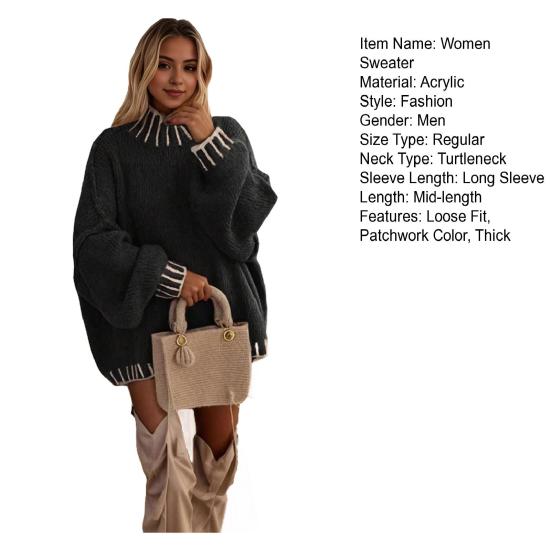 Women Oversized Pullover Sweater Turtleneck Long Sleeve Patchwork Color Winter Knitting Tops