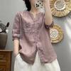 Mid-Age Women's 2024 Summer Cotton Linen Short Sleeve Loose Cardigan Top