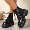 Women's Black Platform Combat Boots Lace Up Zipper Pu Leather Short Boots Woman Thick Sole Non Slip Autumn Winter Shoes