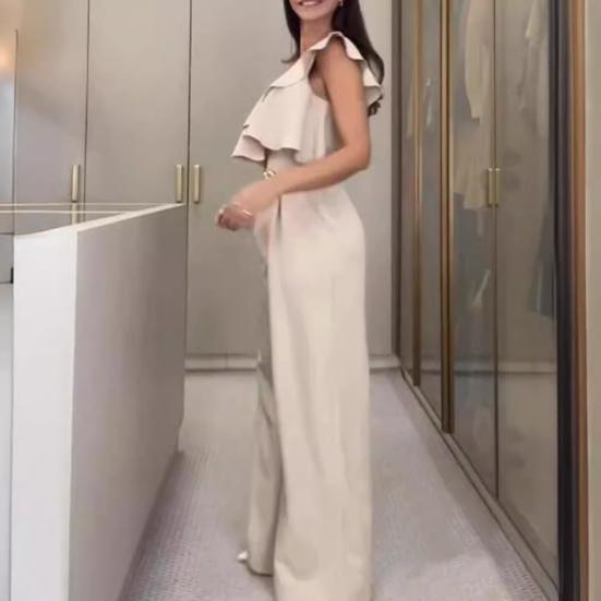 Women Summer Jumpsuit Ruffle Sleeveless High Waist Wide Leg One Shoulder Slant Neck Solid Color OL Commute Style Slim Fit Long Jumpsuit