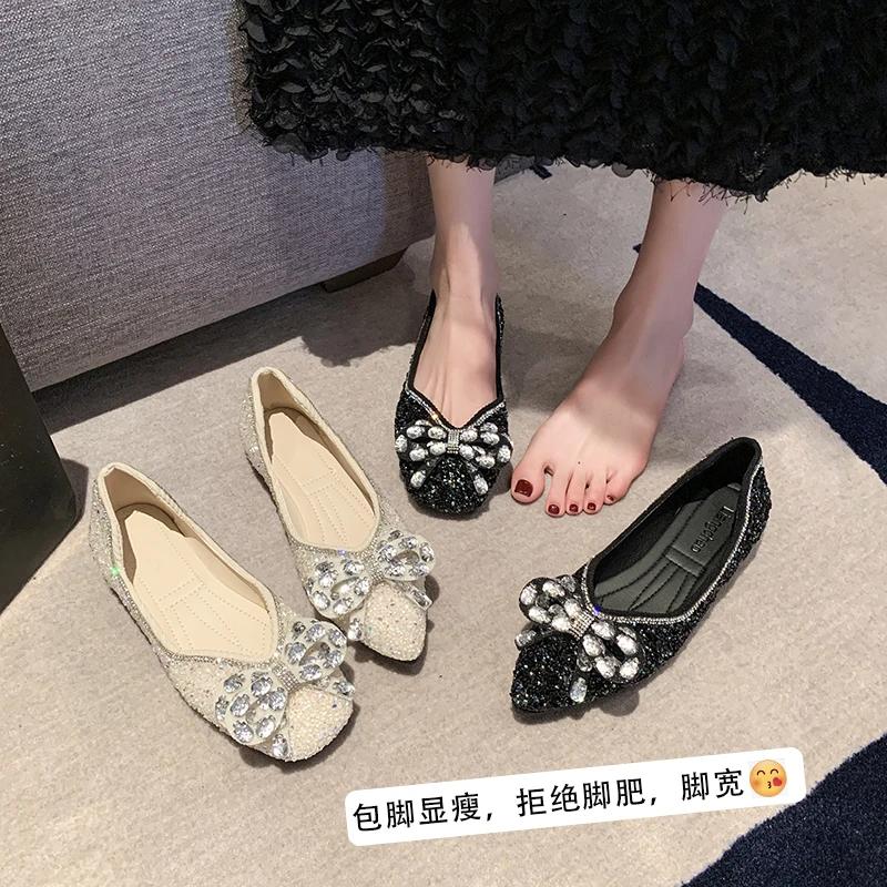 Spring Woman Elegant Square Toe Sequins Kawaii Ballet Flats Barefoot Designer Luxury   Female Shoes Party