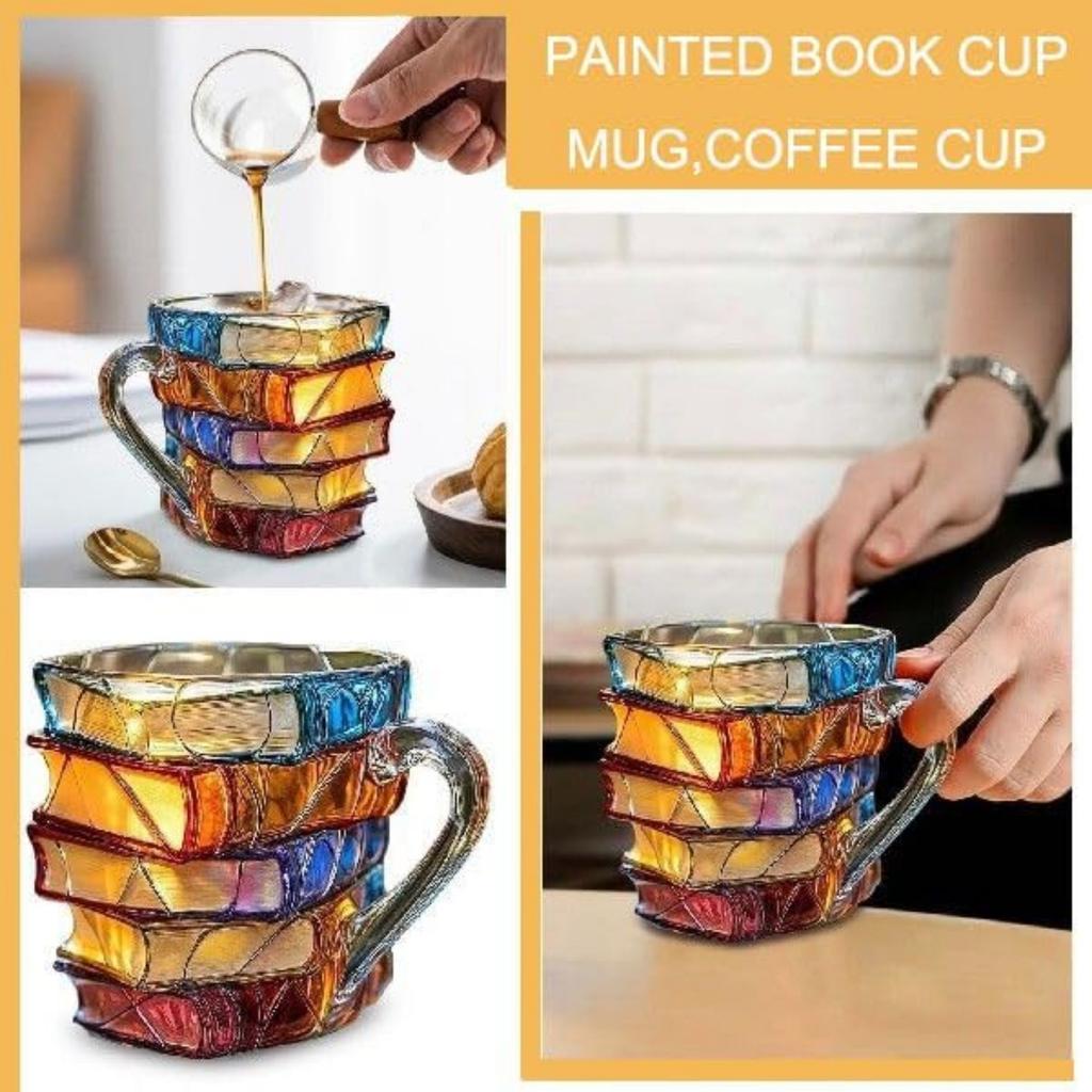 Painted Book Mug, Unique Colorful Resin Stacked Books Coffee Cup, Collectible Gift for Readers, Librarians, Literature Lovers