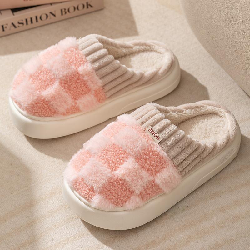 Couple Winter Toe Wrap Warm Plaid Cotton Slippers Thick Soft Sole Slides Men Women Indoor Floor Flat Home Non-slip Shoes