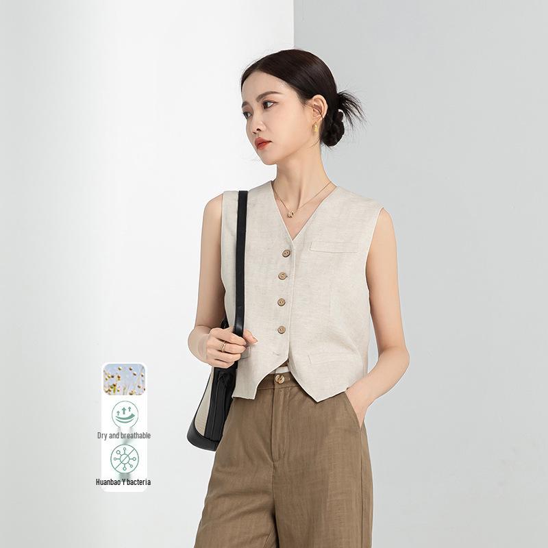Xin Ge Retro Slimming V-Neck Tencel Linen Vest - Summer 2025 Collection