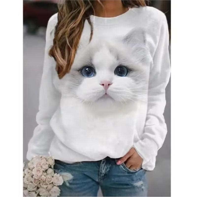 Kawaii Cat Women's Pullovers 3D Print Casual Long Sleeve Tees Oversized Harajuku Thin Hoodies Clothing Daily Tops