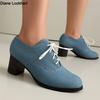 Fashion Vintage Denim Women Lace Up Pumps Square Heel Round Toe High Heels British Style Oxfords Autumn Low Top Student Shoes Blue Boots
