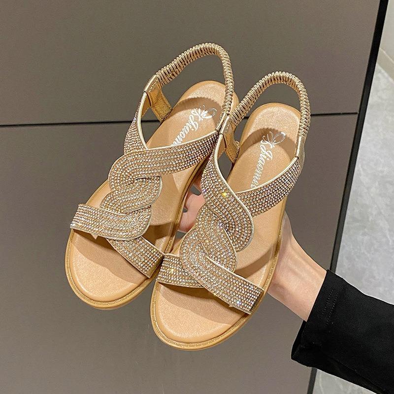 Women Fashion Sandals 2024 New Round Toe High Heels Slippers Beach Soft Sole Shoes Trend Diamond Decoration Slip-on Ladies Shoes