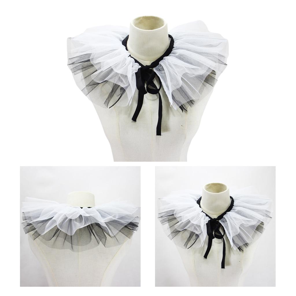 Women Victorian Ruffle Mesh Fake Collar Shawl Vintage Renaissance Black White Tulle Clown Cosplay Neck Ruff Choker Shawl