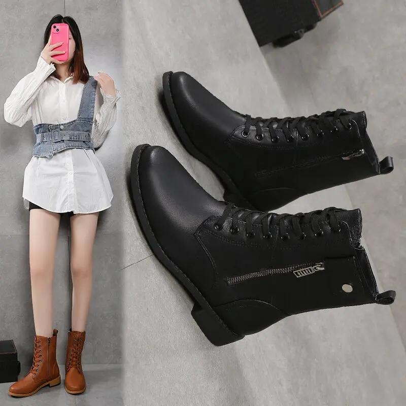 Female Shoes On Sale 2024 Lace Up Women Boots Winter Pointed Toe Solid Short Barrel Chunky Heel Fashion Boots Zapatos De Mujer