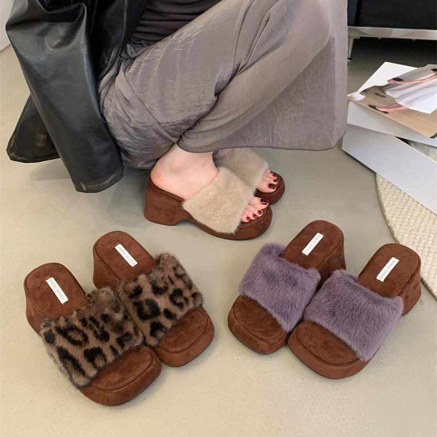 French Fashion Leopard Print Thick High-heeled Cotton Slippers Women's 2025 Autumn and Winter New Gentle Square Head One-word Fluffy Slippers