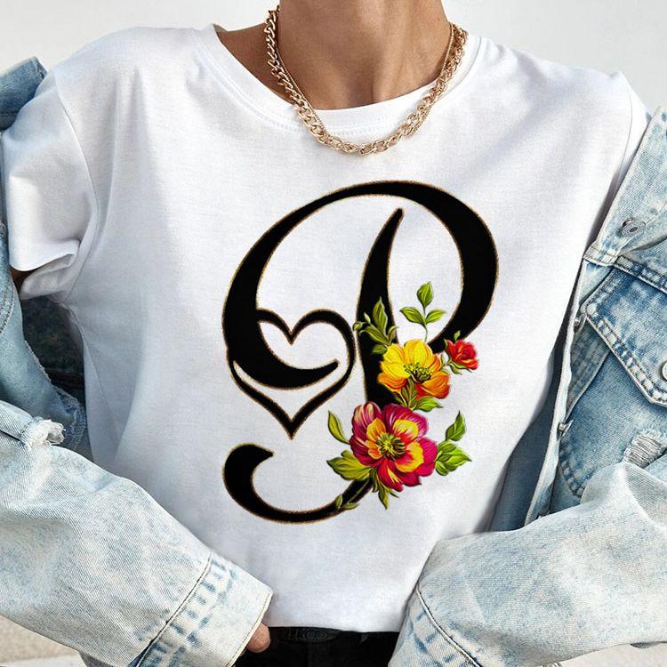 Custom Name Letter Combination Tops Fashion Women T-Shirt Rose Flower Heart Letter Font A B C D Short Sleeve Tees Black T-Shirt