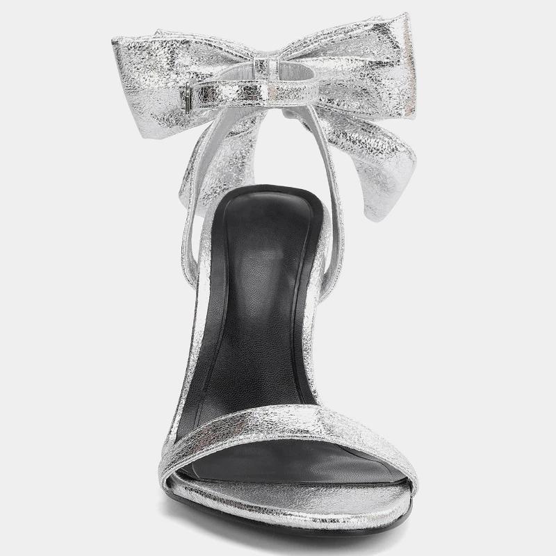 Fashion Elegant Bow Embellished Branded Heeled Sandals Women Silver Ankle Buckle Designer Shoes Luxury Wedding Bridal Shoe Zapatos Mujer