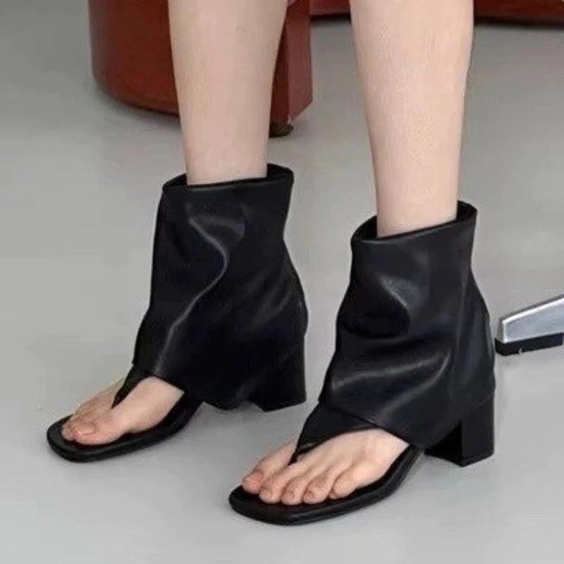 Fashion Women's Shoes 2024 Hot Sale Summer Slip On Women's Sandals Square Toe Solid Cover Heel Open Toe Chunky Heels Roman Thong Sandals