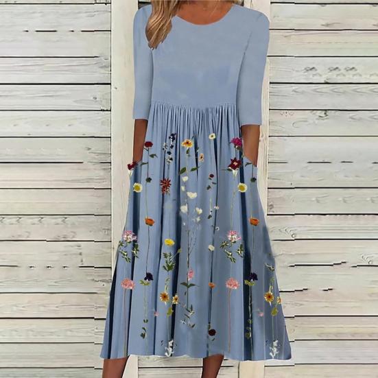 Women's Summer Flowy Midi Dress Boho Floral Pleated Dress with Pockets Casual Half Sleeve Crew Neck Swing Dress