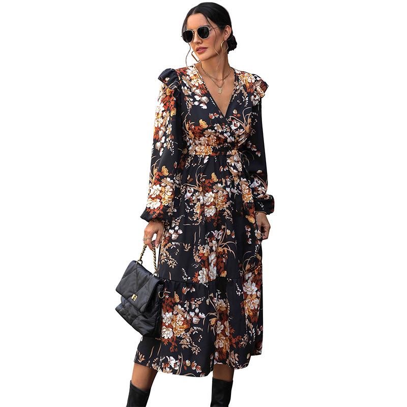 2025 New Autumn Women's Clothing V-neck Printed Medium and Long Dress Women