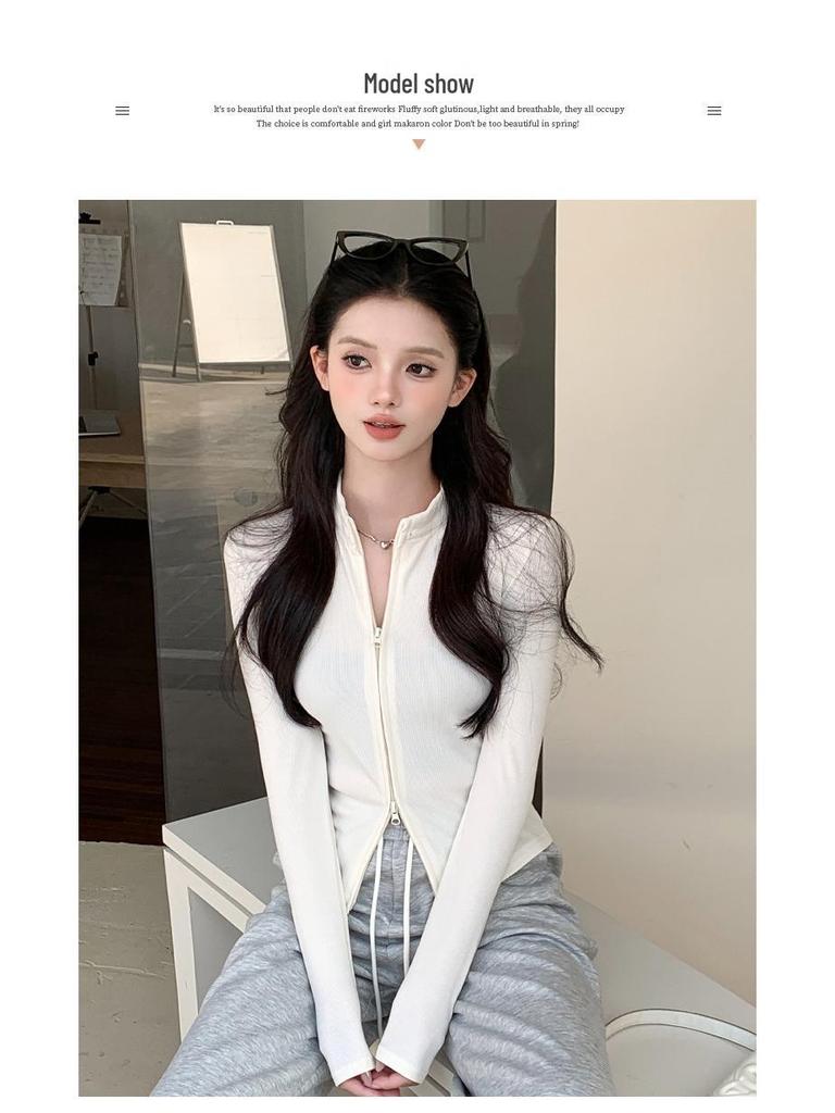 Women's Slimming Double Zipper Knitted Jacket with Stand Collar - Versatile Long Sleeve Cardigan for Spring and Autumn.