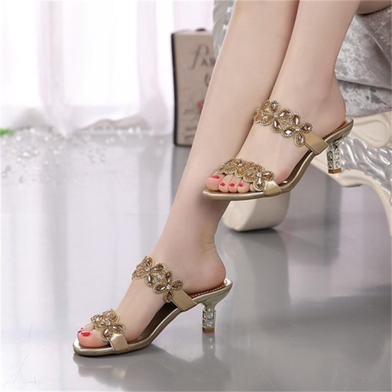 Rhinestone Flower Stiletto Heel Shoes Women's Summer New Thick Heel Shiny Beach Slippers Diamond Fashion Sandals