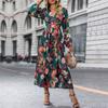 Women Autumn Winter Long Sleeve Print Elegant V-neck Chiffon A-Line Knee Length High Waist Dress