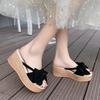 Spot 2025 Summer New Bow Thick Bottom Slope Heel Cool Slippers Wear One-character Bow Slippers