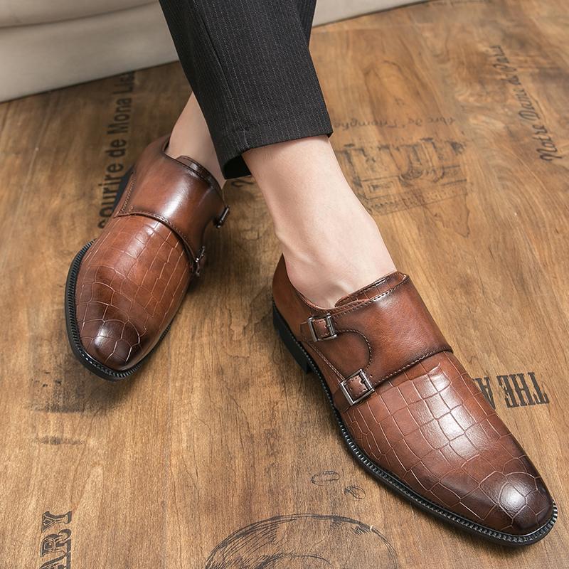 Men Dress Shoes Casual Business Fashion Pu Leather Low Heel Buckle Strap British Style Classic Trendy Loafers for Men Zapatos