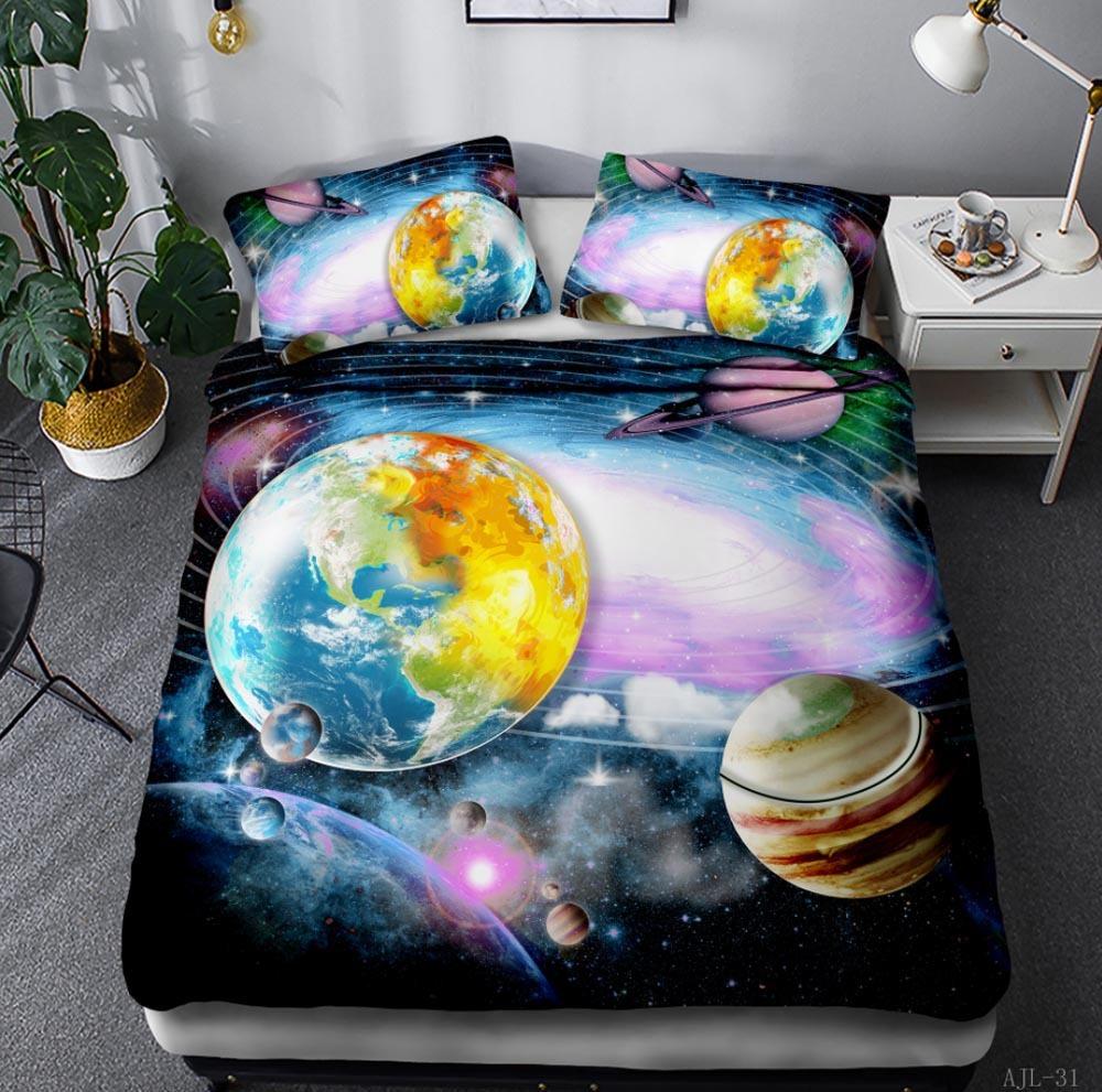 3D Space Planet Bedding Set Romantic Starry Sky Quilt Cover Pillowcase 2/3pcs Men's Teenagers Space Fan Cover Gift
