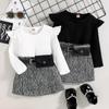 Kids Skirt 3pcs Suit, Girls Long Sleeve Round Neck Loose Ruffle Tops + Fall Casual Party Half Dress + Waist Bag