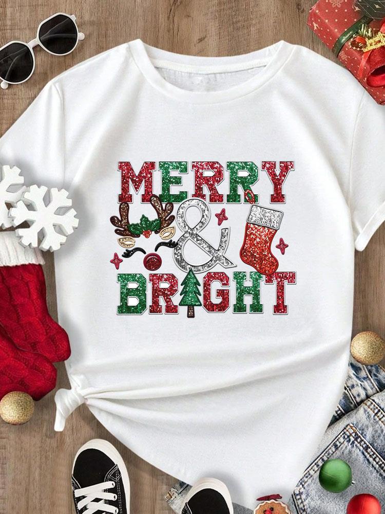 (Asian Size) Tee Merry Christmas New Year Holiday Top Festival Casual Women Letter Sweet 90s Print Lady Short Sleeve Fashion Graphic T-shirts