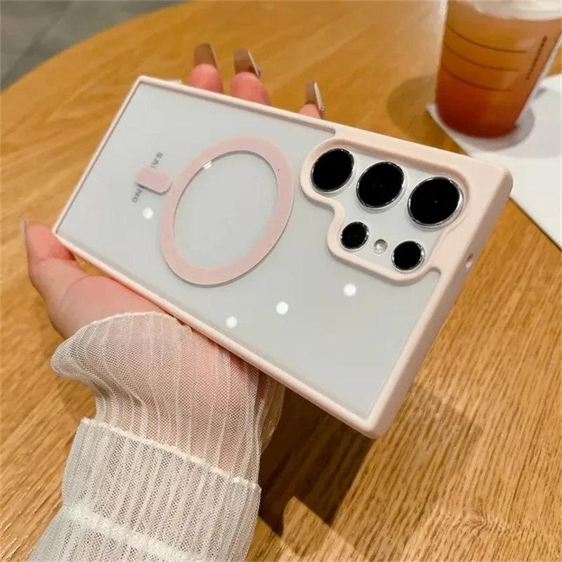 Frosted Frame Magnetic Magsafe Cases For Samsung Galaxy S24 S23 S22 Ultra Plus Wireless Charging Acrylic Bumper Cell Phone Cover