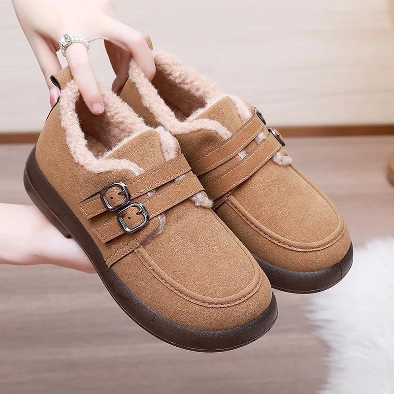 Fashion Woman Casual Cotton Boots Solid Color Comfortable Fur Loafers Women Winter Warm Footwear Female Double Buckle Plush Flat Shoes