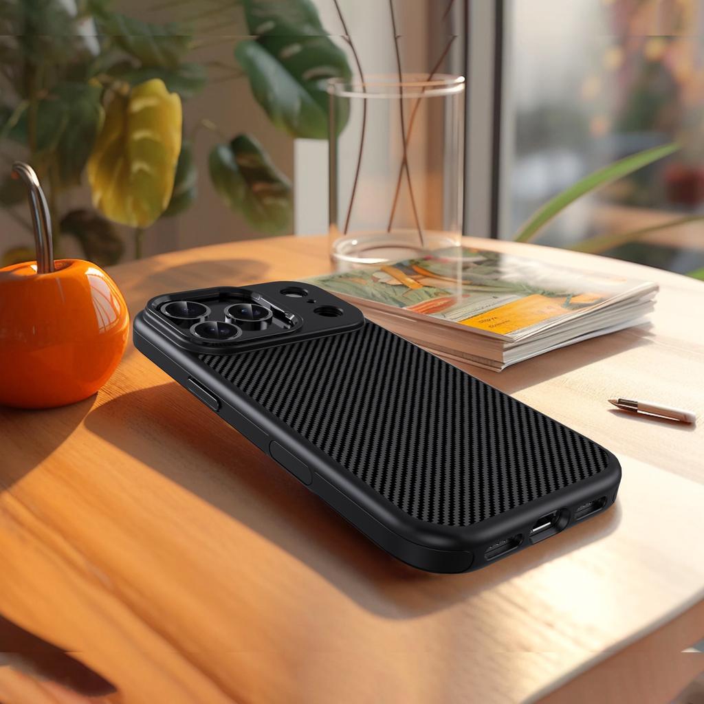 IPAKY For iPhone 17 Pro TPU Case Carbon Fiber Texture Phone Cover Metal Lens Frame