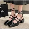 Designer Faux Patent Finish High-heel Shoes with Straps Slingback Pumps for Women Mary Jane Lovey Square Toe Block Pumps