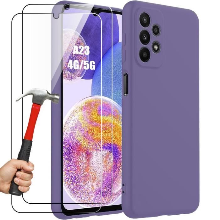 Coque - BOOLING - pour Samsung Galaxy A23 4G-5G - Silicone Liquide Mat - Antichoc - Violet Foncé- avec 2 Verres Trempés