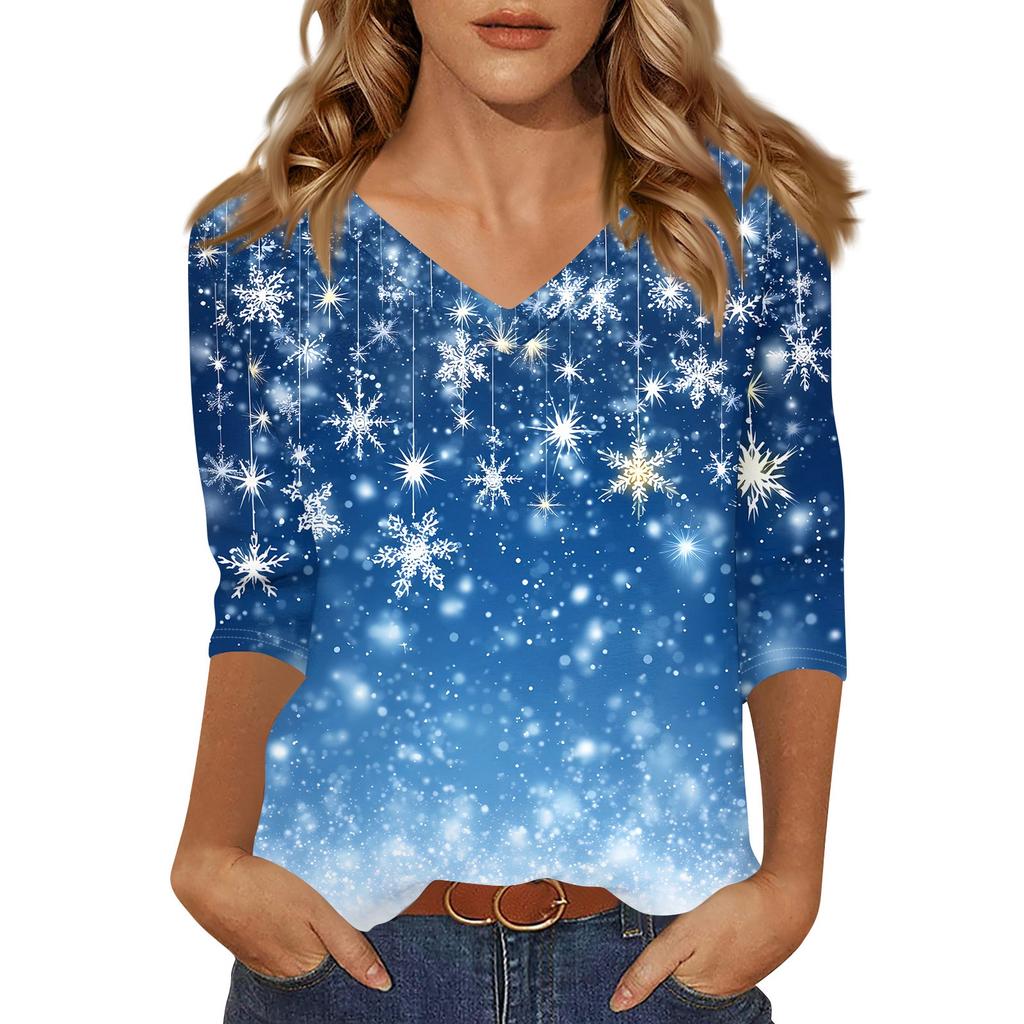 Women's T Shirt CHristmas Print 3/4 Sleeve Daily Weekend Fashion Basic V- Neck Regular Top