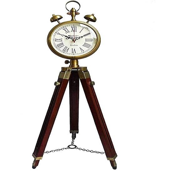 Two Bell Antique Floor Clock Wooden Adjustable Tripod Stand