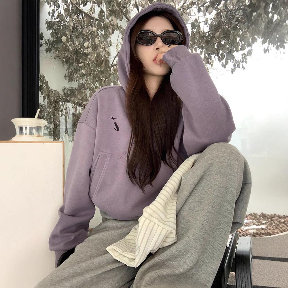Women's Purple Hooded Sweatshirt - Thick, Warm, Loose, Versatile, Spring/Autumn 2025 Style
