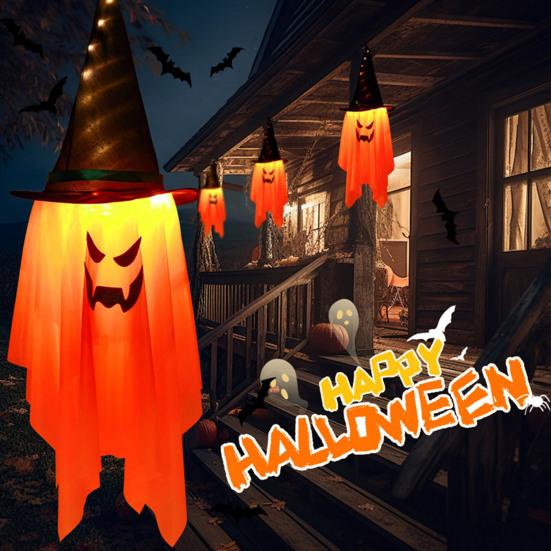 2 Packs Halloween Ghost Lights Outdoor Spooky Hanging Witch Hat Ghost Battery Operated Halloween Lamp for Yard Porch