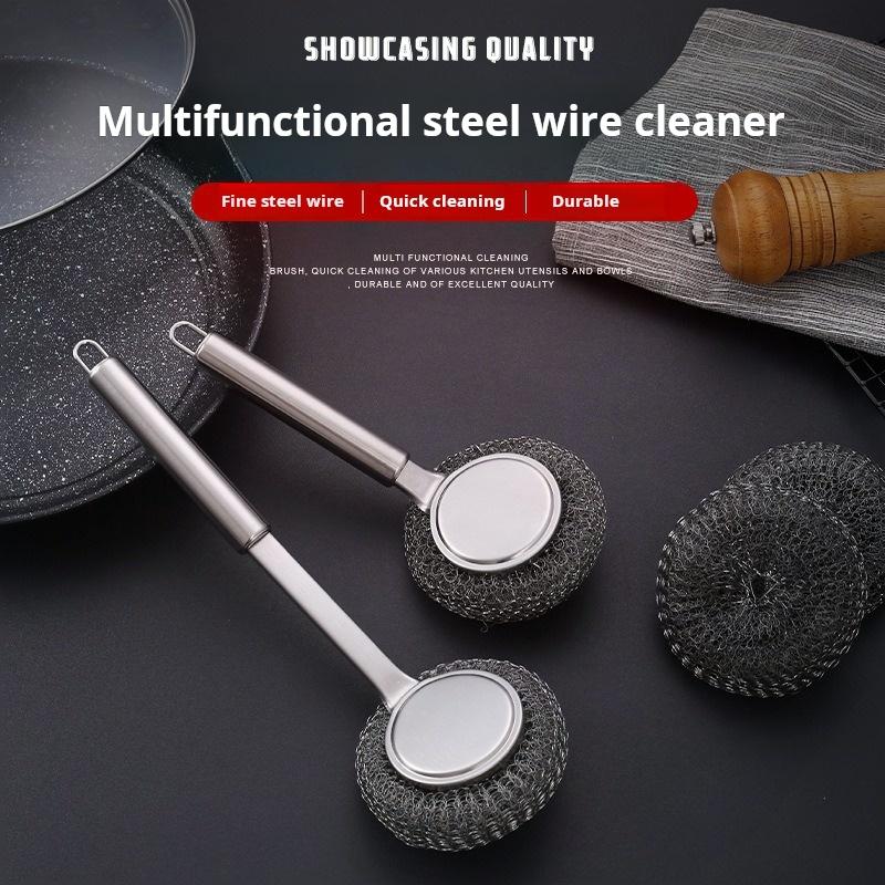 Stainless Steel Long Handle/Short Handle Cast Iron Pan Scrubbers Brush Household Stove Kitchen Specific Steel Wire Ball Cleaning Brush