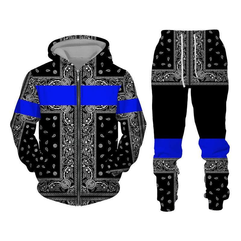 Tracksuit For Men 3D Bandanna Printed Zip Hoodie + Pants Suit Cool Men 2 Pcs Sportwear Casual Hoodies Set Autumn Men's Clothing