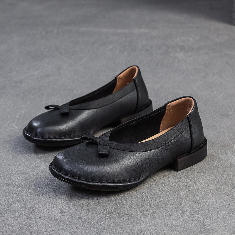 Johnature Genuine Leather Comfortable Low Heel Shoes Retro Versatile Pumps Round Toe Women's Shoes
