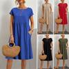 Women Dress Round Neck A-line Pleated Short Sleeve Pure Color Knee Length Loose Hem Side