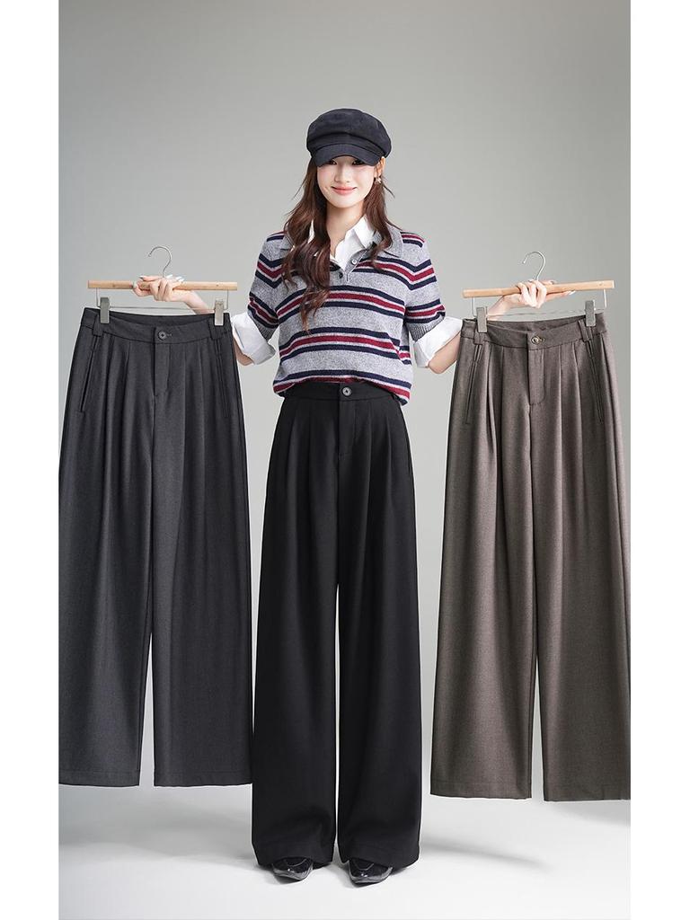 2025 Autumn Women's High Waist Grey Wool Wide-Leg Trousers - Korean Style, Floor-Length, Relaxed Fit