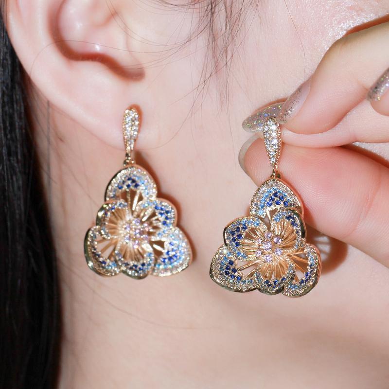 CMM Gorgeous Gold Color Zirconia Flower Hollow Carved Drop Earrings