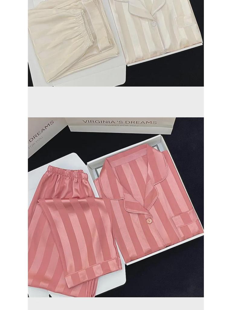 Women's Striped Long-Sleeve Pajamas - Spring/Summer Solid Color