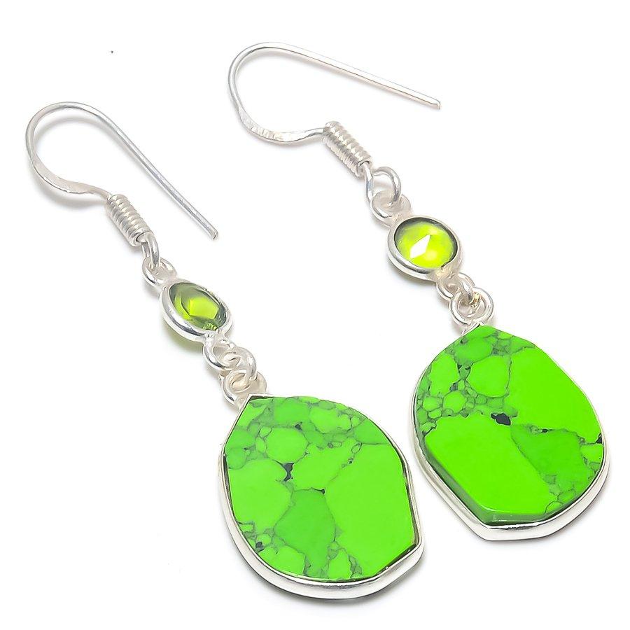 Green Turquoise,Peridot 925 Sterling Silver Jewelry Earring 1.93" f5U43