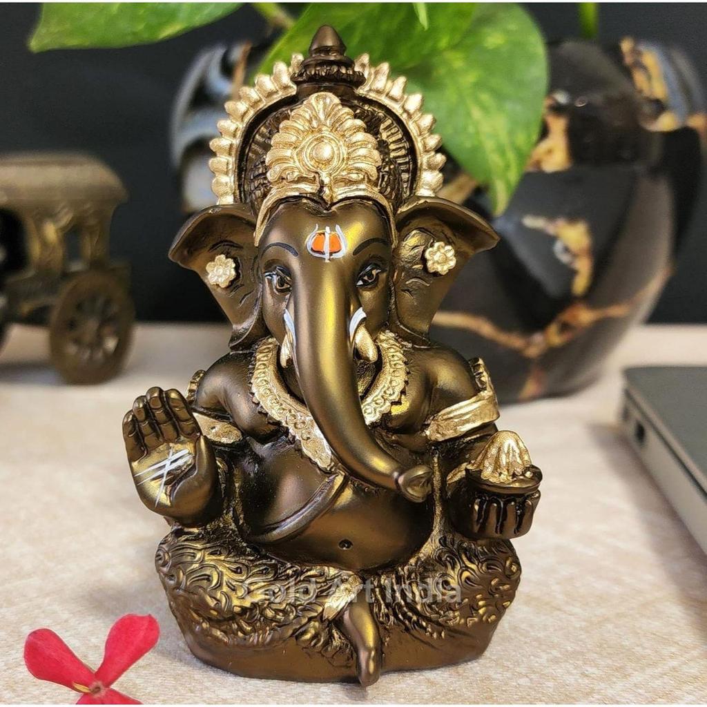 Handcrafted French Brown Mukut Ganesha Idol (3.5") - Perfect for Car Dashboard, Home or Office Decor and Gifting, Idol