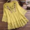 Women Shirt V-neck Lace-up Half Sleeve Pullover Tops Solid Color Loose Fit Embroidery Lace Flower Splicing Shirt